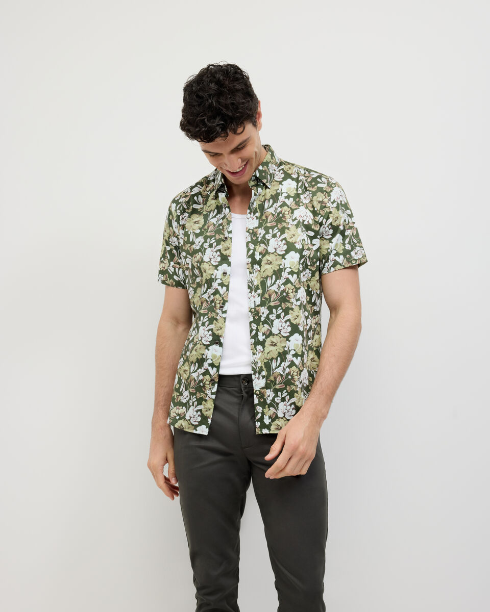 Painted Floral Short Sleeve Shirt, Khaki, hi-res